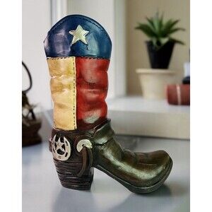 Texas Flag Boot Flower Vase Rustic Weathered Look Hand Painted Horseshoe Star 9”
